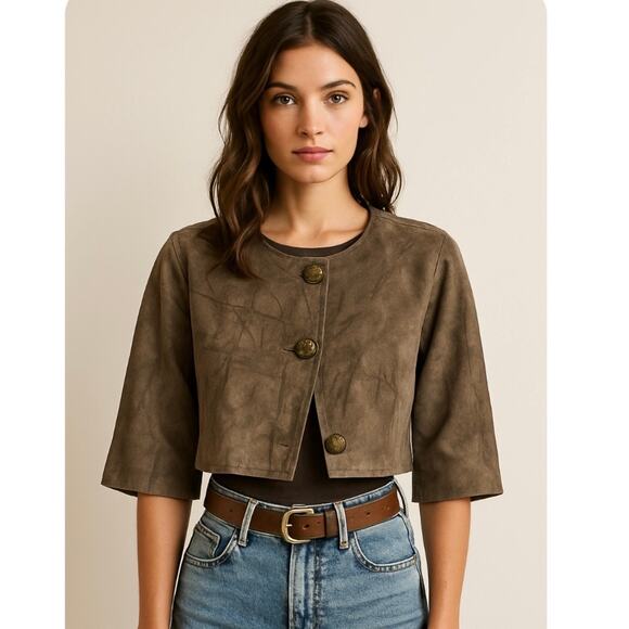 Vintage Y2K Brown Suede Cropped Jacket French Girl 90s Minimalist Chic Size 4 - Picture 2 of 10